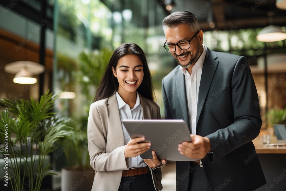 A mature Latin manager and mentor talk to a young Asian female coworker while showing online project results . Two happy and diverse professional executives work together using laptop. A mature Latin manager and mentor talk to a young Asian female coworker while showing online project results . Two happy and diverse professional executives work together using laptop.