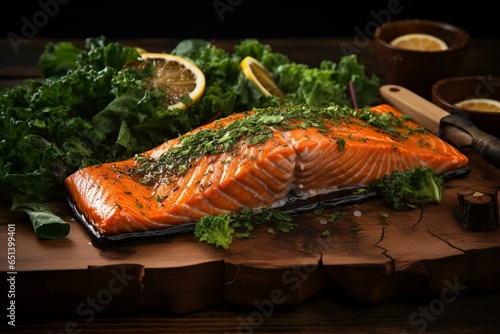 Delectable salmon with greens on rustic board. Generative AI © Melisende