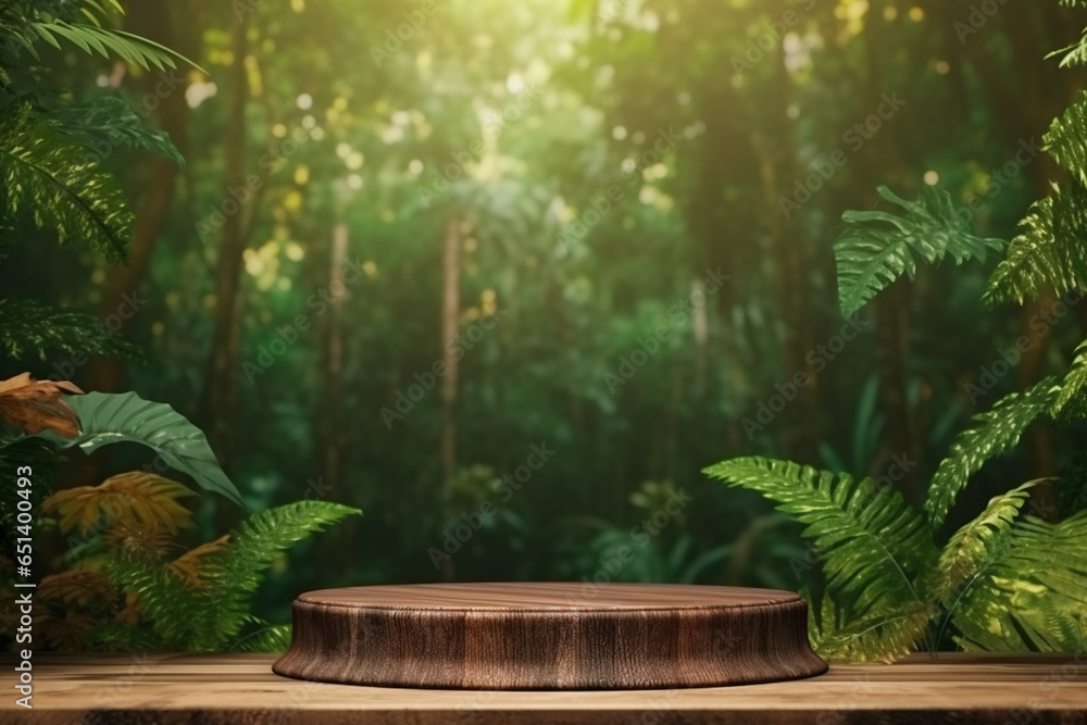 Podium in nature covered with trees for product showcase Podium in nature covered with trees for product showcase