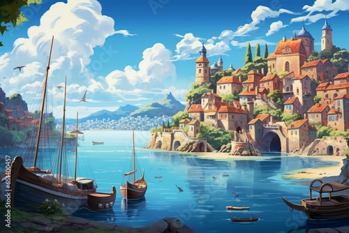 A picturesque view of a seaside medieval village with charming cartoon houses and boats, representing a nostalgic summertime European town. Generative AI