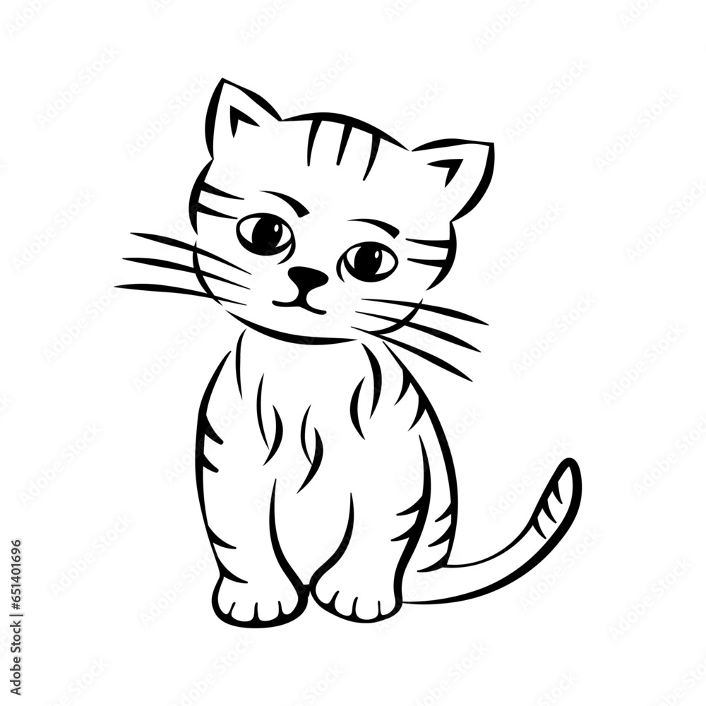 Cute kitten vector illustration, linear contour silhouette, icon, design element, funny cartoon character. Cute kitten vector illustration, linear contour silhouette, icon, design element, funny cartoon character.