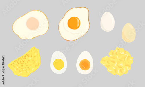 Hand drawn illustration of different ways to cook eggs. Fried egg, boiled egg, omelette, scramble egg. Vector.