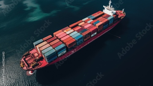 Aerial top view of ocean cargo ship with contrail in cargo transport technology export ship.