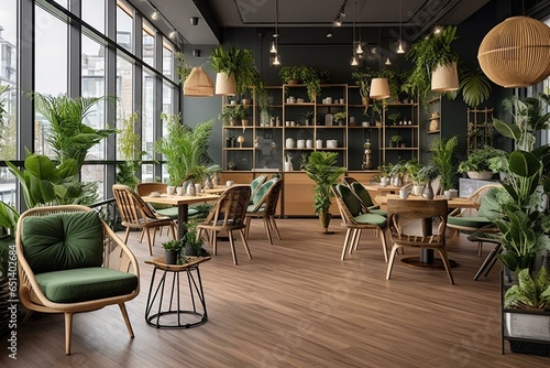Modern cafe with plants  stylish furniture  and polished floor. Generative AI