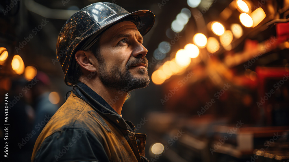 An industrial worker, a man with a beard in a yellow helmet, looking up at his workplace in havy industry shop An industrial worker, a man with a beard in a yellow helmet, looking up at his workplace in havy industry shop