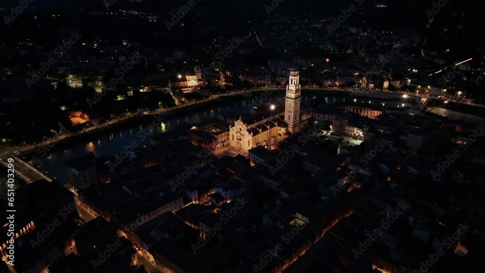Aerial view of Duomo di Verona, Cattedrale di Santa Maria Matricolare, urban skyline, historical city centre, Veneto Region, Italy at night evening Aerial view of Duomo di Verona, Cattedrale di Santa Maria Matricolare, urban skyline, historical city centre, Veneto Region, Italy at night evening
