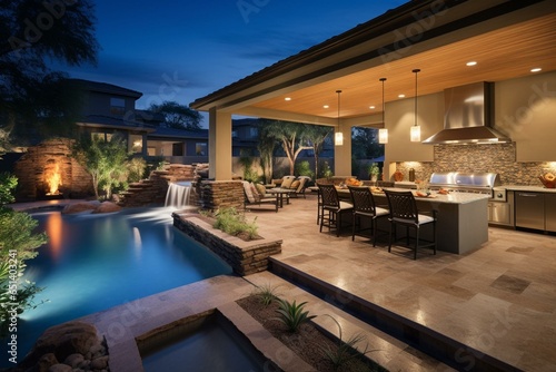 A clear view of a backyard oasis in Mesa, Arizona, featuring a pool, spa, fireplace, and kitchen. Generative AI photo