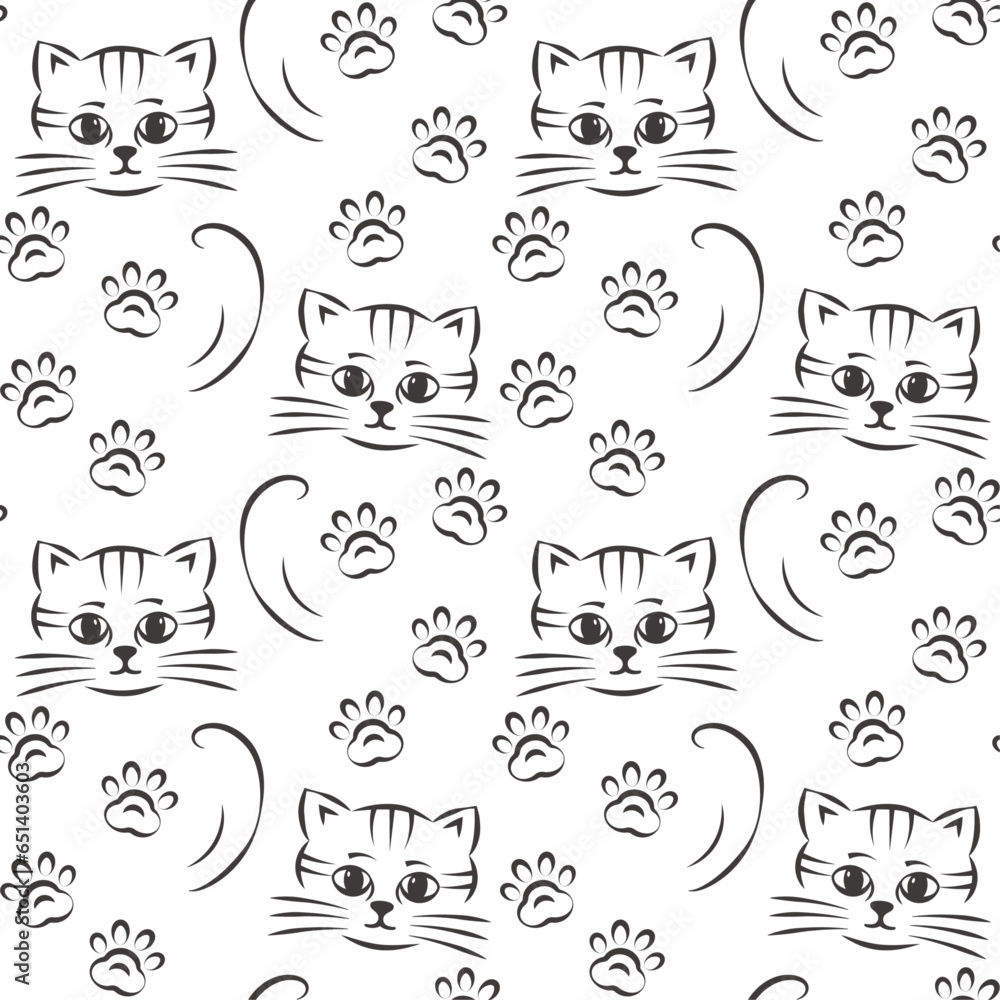 Seamless vector pattern with a cute kitten, linear contour silhouette on transparent background, decorative wallpaper, textile print. 