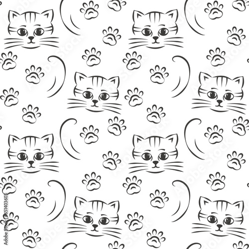 Seamless vector pattern with a cute kitten  linear contour silhouette on transparent background  decorative wallpaper  textile print. 