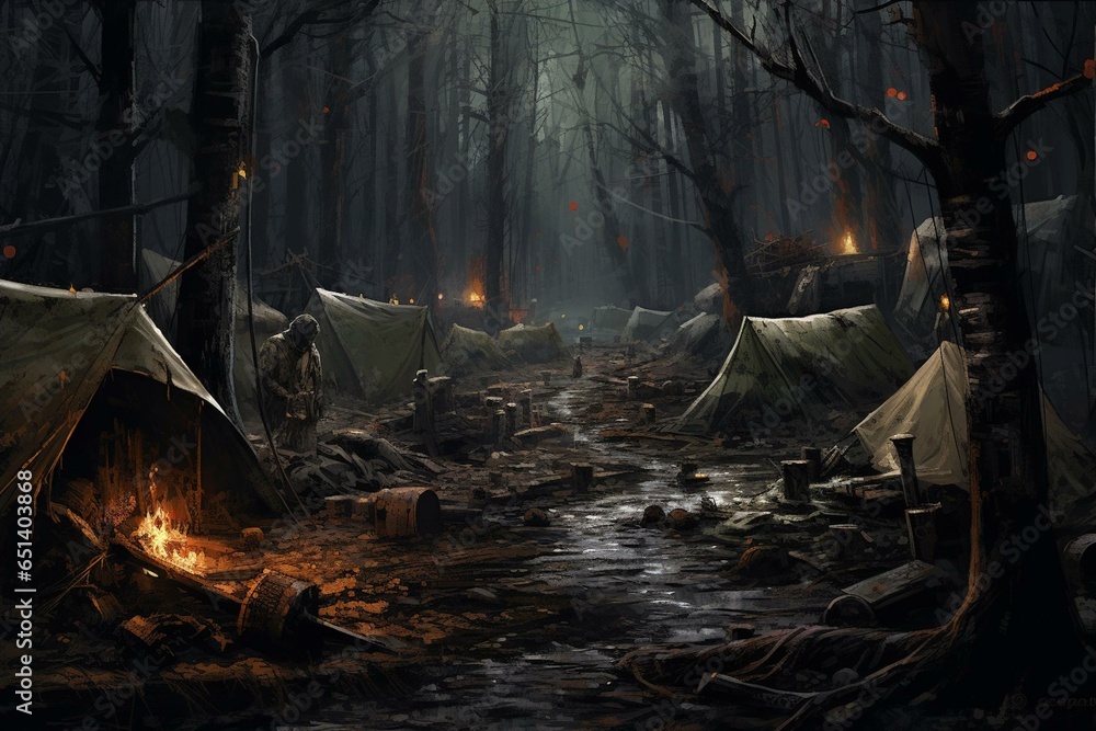 Illustration of a disheveled military encampment amidst a postapocalyptic forest. Generative AI - obrazy, fototapety, plakaty 