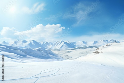 Fresh ski slope with snowy mountains backdrop. Generative AI