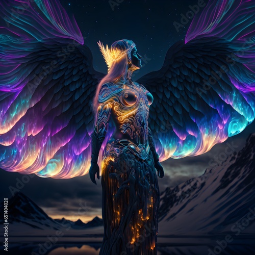 DMT full body upper body Valkyrie Goddess of Aurora Iceland Extremely photorealistic extremely realistic octane unreal engine micro detailed incredibly detailed intricately detailed 8k hd neon 