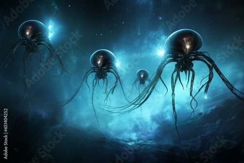 Illustration of extraterrestrial beings with tendrils - interstellar intruders from a distinct galaxy. Generative AI