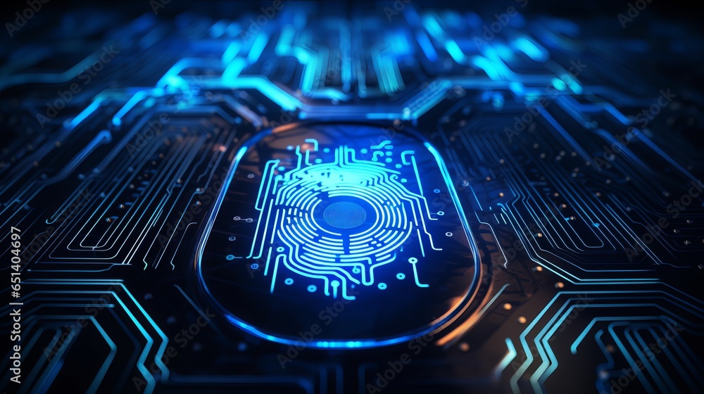 Fingerprint integrated into computer electronic circuit chip, digital cybersecurity,  protection, and biometric concept  - obrazy, fototapety, plakaty 