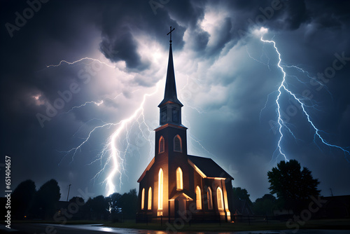 lightning striking near church in the night