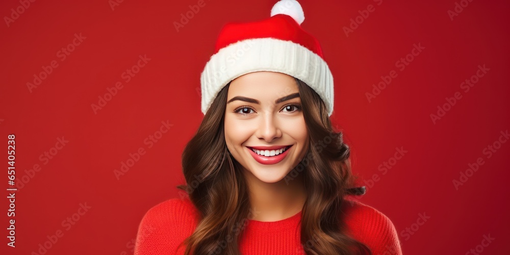 Portrait of a young Caucasian woman in Santa hat over red background. She is laughing and looking at camera. Portrait of a young Caucasian woman in Santa hat over red background. She is laughing and looking at camera.