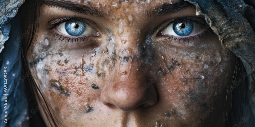 a close up image of a woman's face, in the style of post-apocalyptic worlds, generative AI a close up image of a woman's face, in the style of post-apocalyptic worlds, generative AI