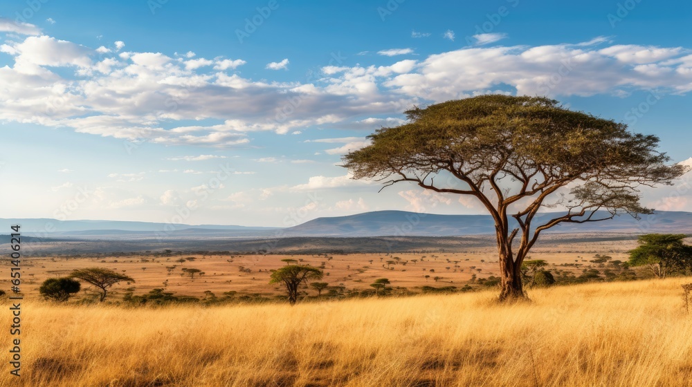 A vast savanna stretches as far as the eye can see, dotted with graceful acacia trees.