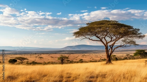 A vast savanna stretches as far as the eye can see, dotted with graceful acacia trees.