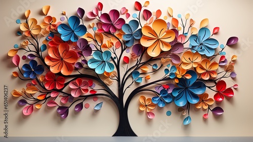 Fototapeta Naklejka Na Ścianę i Meble -  Colorful tree with leaves on hanging branches illustration background. 3d abstraction wallpaper for interior mural wall art decor. Floral tree with multicolor leaves 3d rendering
