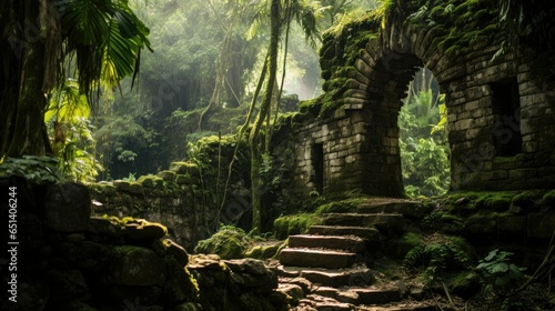 Ancient ruins stand in silent testament to the power of time  nestled within a lush jungle.