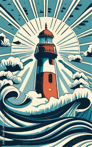 A screenprinting Of a lighthouse on the high seas with big waves around