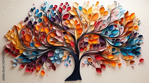 The tree of life in multicolored leaves, in the style of matte drawing, ominous vibe, paper sculptures, realistic color palette, dark colors, colorful woodcarvings, contrasting backgrounds 
