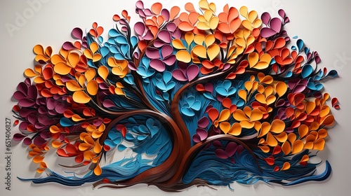 Elegant colorful tree with vibrant leaves hanging branches. Bright color 3d abstraction wallpaper for interior mural painting wall 