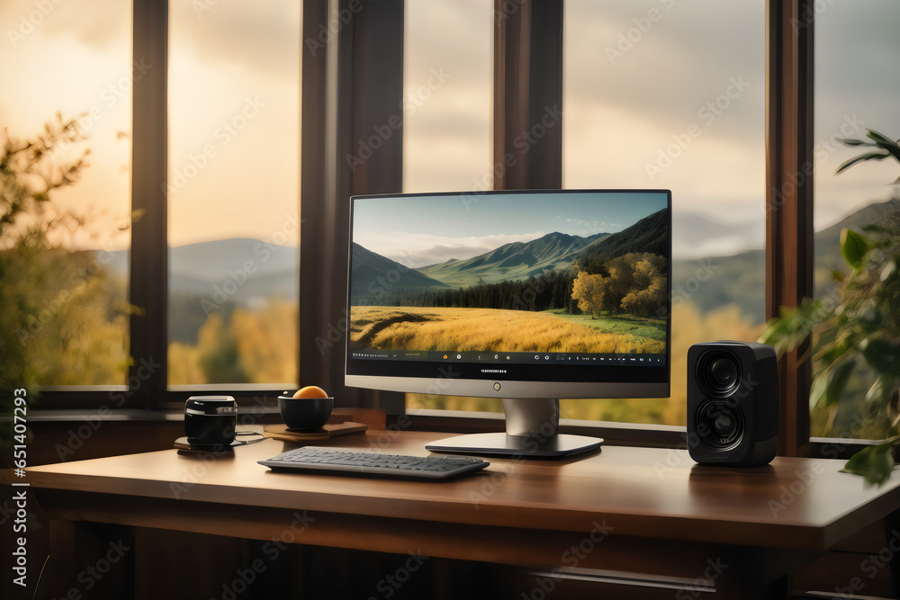 Fototapeta premium Modern monitor on elegant table, natural scenery background