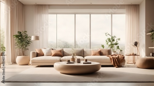 Modern Aesthetic Minimalist Living Room interior design with an open floor plan, seamlessly blending the living and dining areas - Generative AI