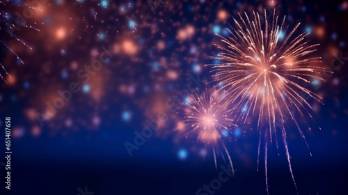 Golden fireworks on dark blue sky, celebration and happy new year concept abstract background illustration.