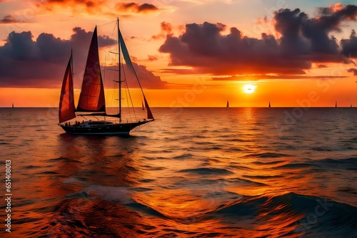 A Sailboat is Sailing Along the Ocean as a Vivid Colorful Sunset is in the Background