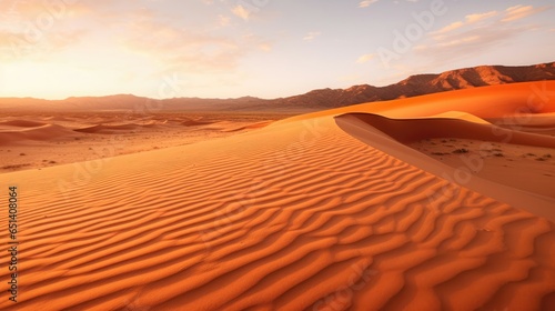 Desert sands stretch to the horizon  their golden hues kissed by the setting sun.
