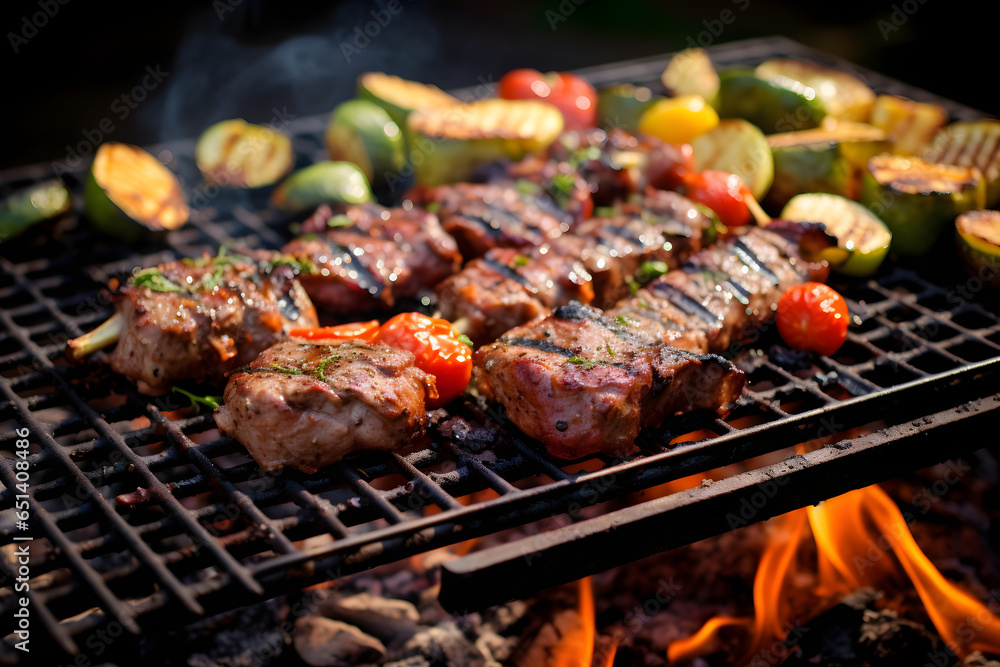 grilled meat with vegetables on barbecue