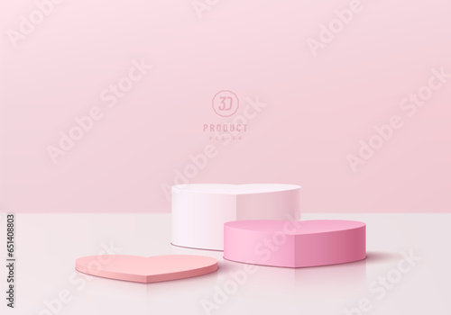 3D podium background with set of realistic white and pink heart pedestal on pastel scene. Valentine platforms mockup product display presentation. Abstract composition minimal design. Stage showcase.