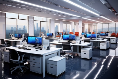 Technological office with modern workstations and computers photo