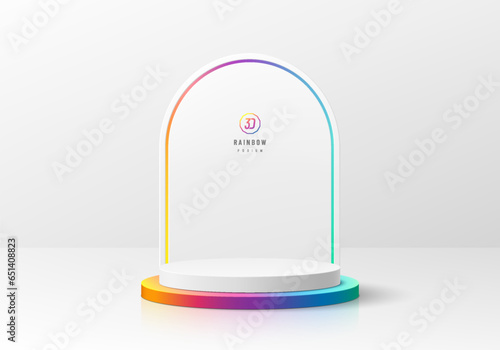 3D background with realistic white, colorful cylinder podium. Pride flag rainbow color in arch backdrop wall scene. Minimal mockup empty product display. Abstract vector 3D rendering. Stage showcase.