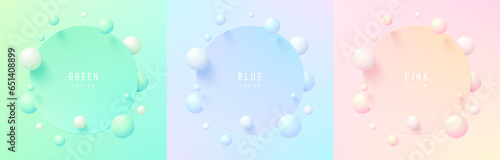 Set of green, blue, pink, yellow 3d circle podium in top view background. Bouncing white and colorful ball scene. Circle frames gradient color in minimal. Abstract platforms design. Stage showcase.