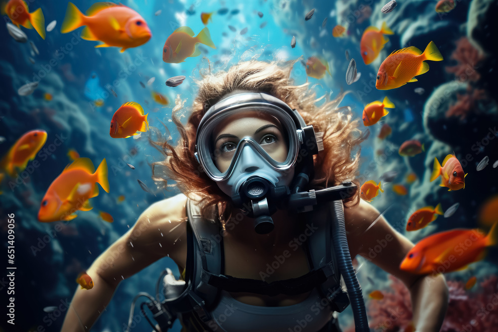 Scuba diver woman swimming in the under water sea Scuba diver woman swimming in the under water sea