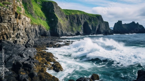 Jagged cliffs rise from the ocean's depths, where crashing waves meet rugged shoreline.