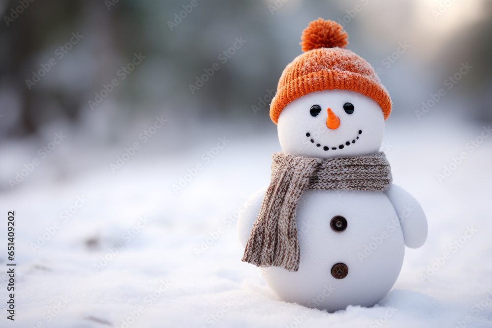 Fototapeta premium Snowman with scarf and hat in snowy park, winter christmas landscape
