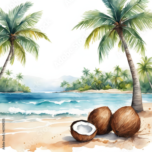 AI generator Summer vacation illustration Watercolor painting of coconut trees on the beach