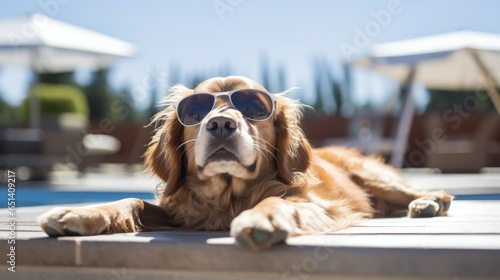 Relaxed dog basking in the warm sun by the pool.