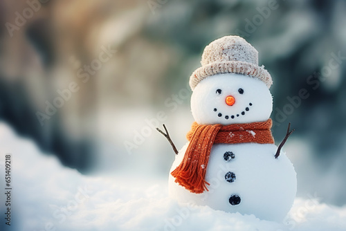 Snowman with scarf and hat in snowy park, winter christmas landscape
