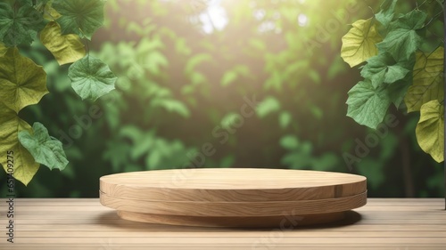 Wooden product display podium with blurred nature leaves background. 3D rendering