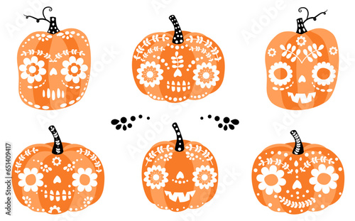 Cute Halloween vector set with funny carved pumpkins with faces with different expressions, Day of The Dead graphic design elements and decor