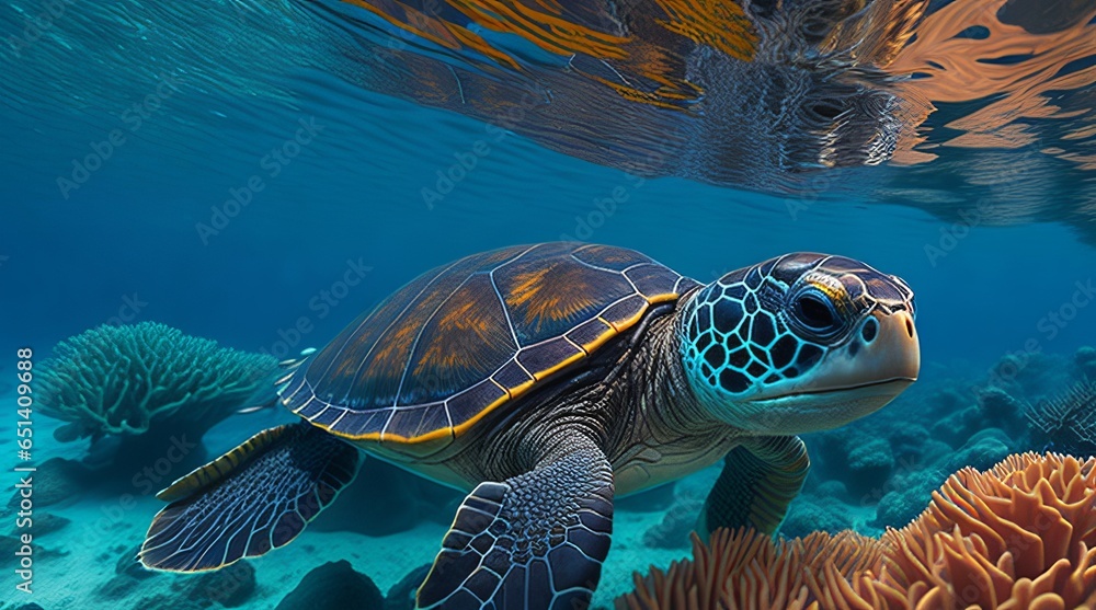 Obraz premium A close-up of a sea turtle swimming through a kaleidoscope of coral and fish in the crystal clear waters of the Maldives.