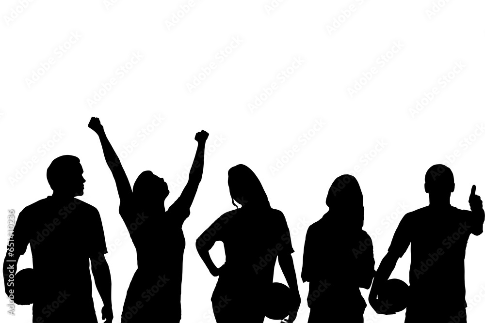 Digital png silhouette of male and female people holding balls on transparent background Digital png silhouette of male and female people holding balls on transparent background