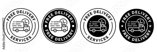 Free delivery shipping icon, home express deliver service vector label with fast car truck. Free shipping delivery badge for mail courier or parcel shipment cargo and food delivery service symbol.