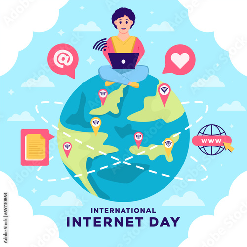 flat international internet day illustration with a man surfing the internet